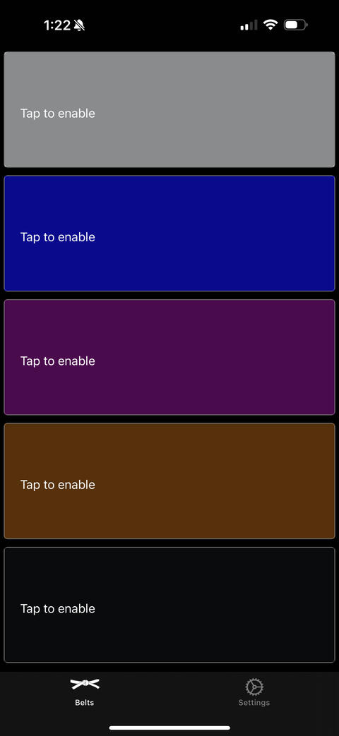 BJJ Belt Log app with belts ready to enable
